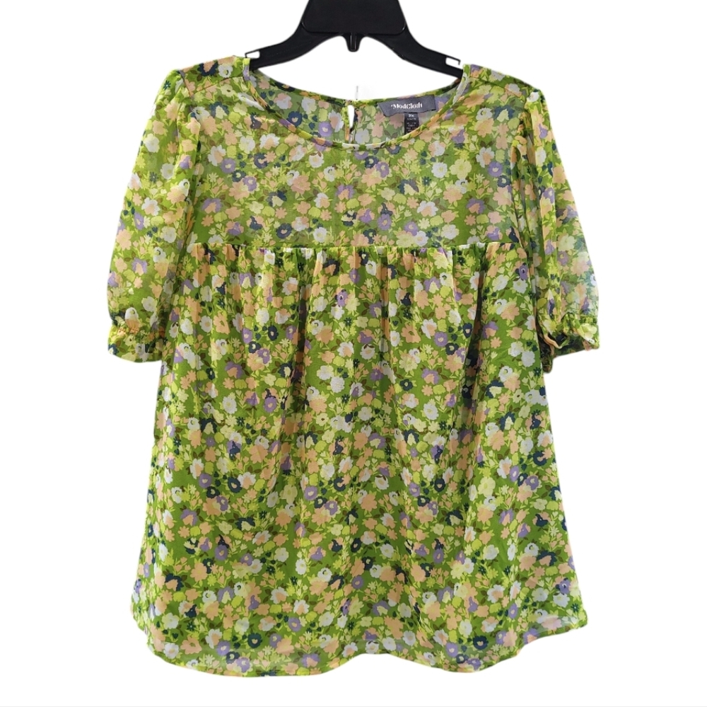 Modcloth Green Floral Short Sleeve Peasant Shirt Top Women's Plus Size 2X - Picture 3 of 10